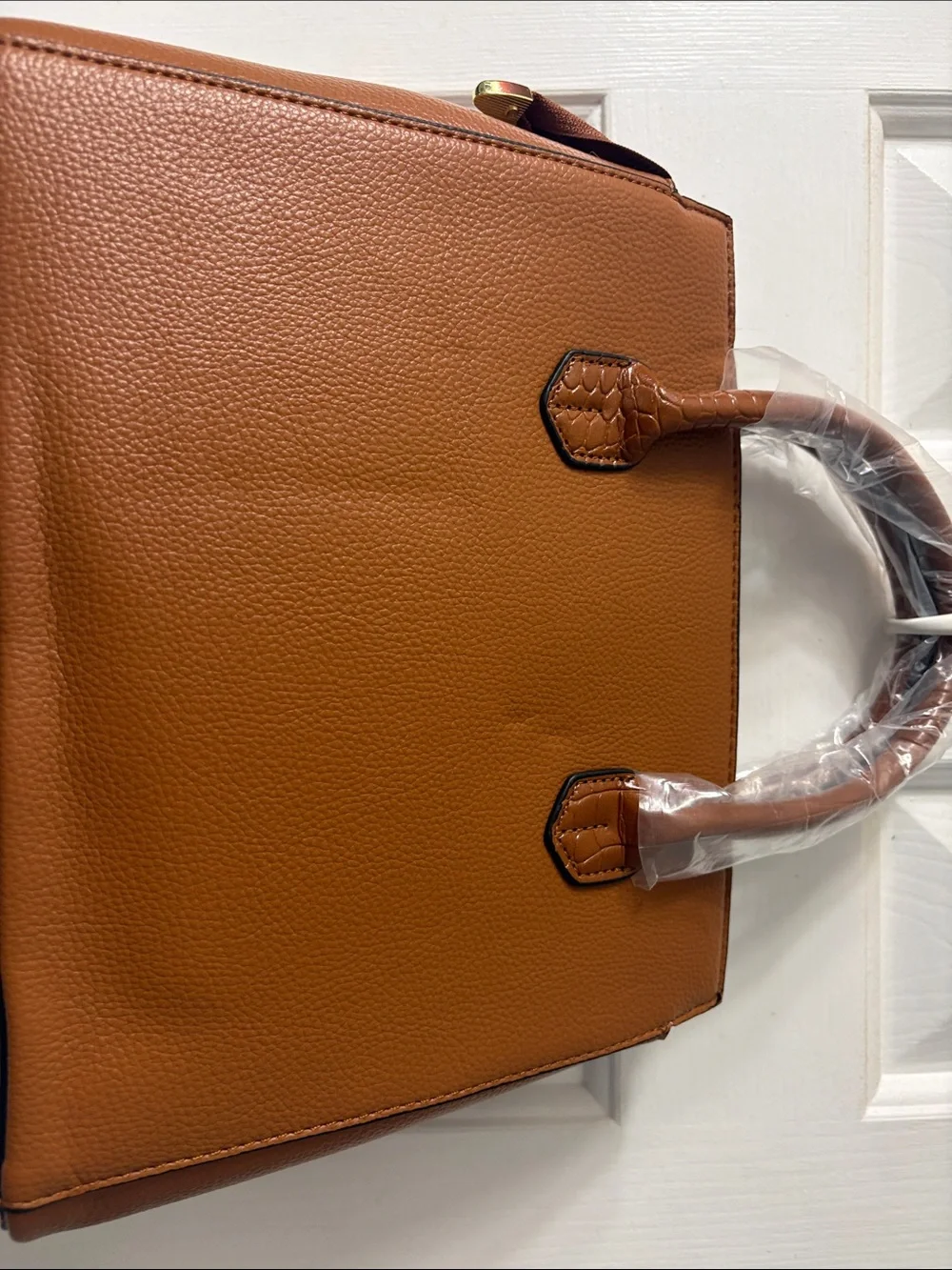 Tan Structured Satchel Handbag with Croc-Embossed Wallet